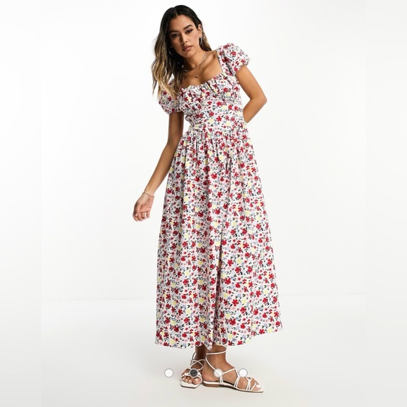 ASOS Dresses & Skirts - ASOS DESIGN milkmaid ruched bust midi dress with open tie back in floral print